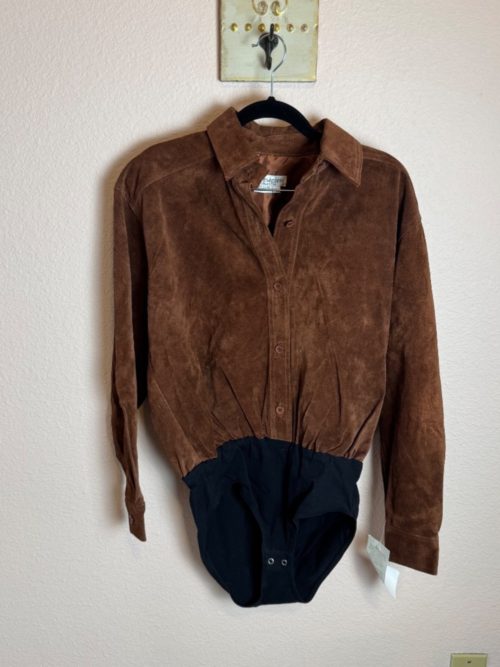 Vintage 80s Lew Magram Brown Suede Button-Down Bodysuit Medium